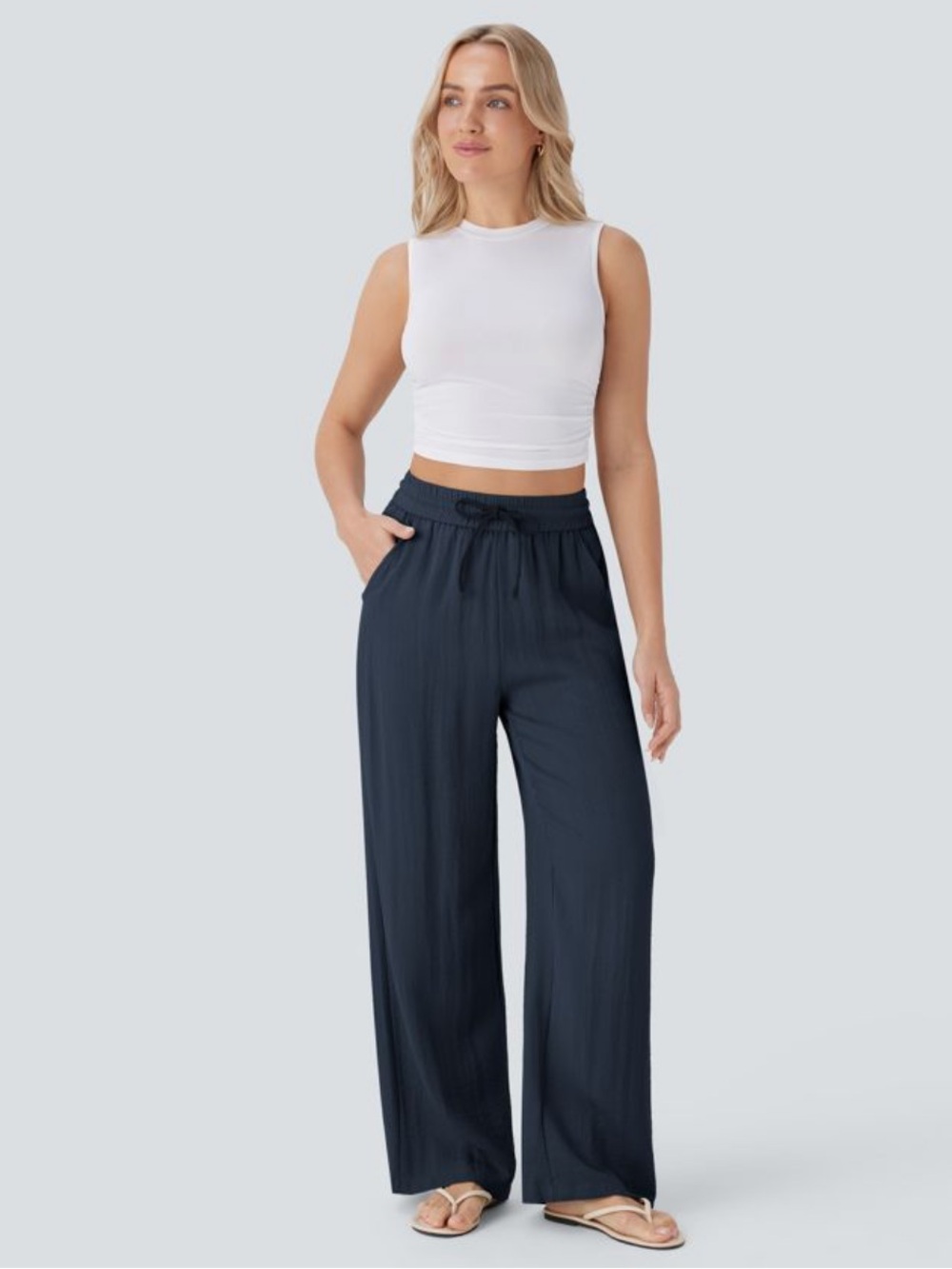 High Waisted Drawstring Pocket Wide Leg Baggy Casual Linen-Feel Pants